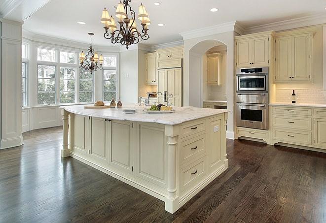 close-up of textured laminate flooring in a kitchen in Rock Falls